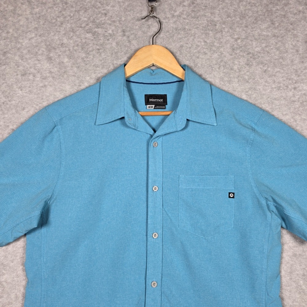 Marmot Shirt Mens Size Medium Cyan Lightweight Perforated Airy Button Down Hike - Picture 3 of 11